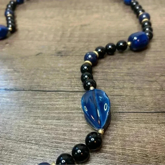 Chunky Black Blue and Gold Beaded Long Necklace - Picture 4 of 4